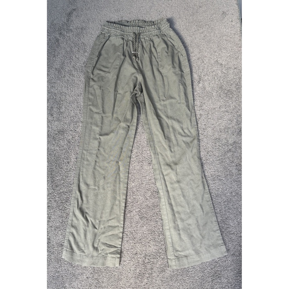 Sono Olive Green Linen Blend Smocked High Waist Straight Leg Pants XS LP13